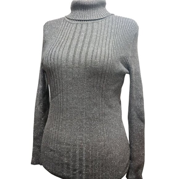 212 Collection L Womens Gray Sweater Turtleneck Ribbed Metallic Long Sleeve Knit - Picture 10 of 11